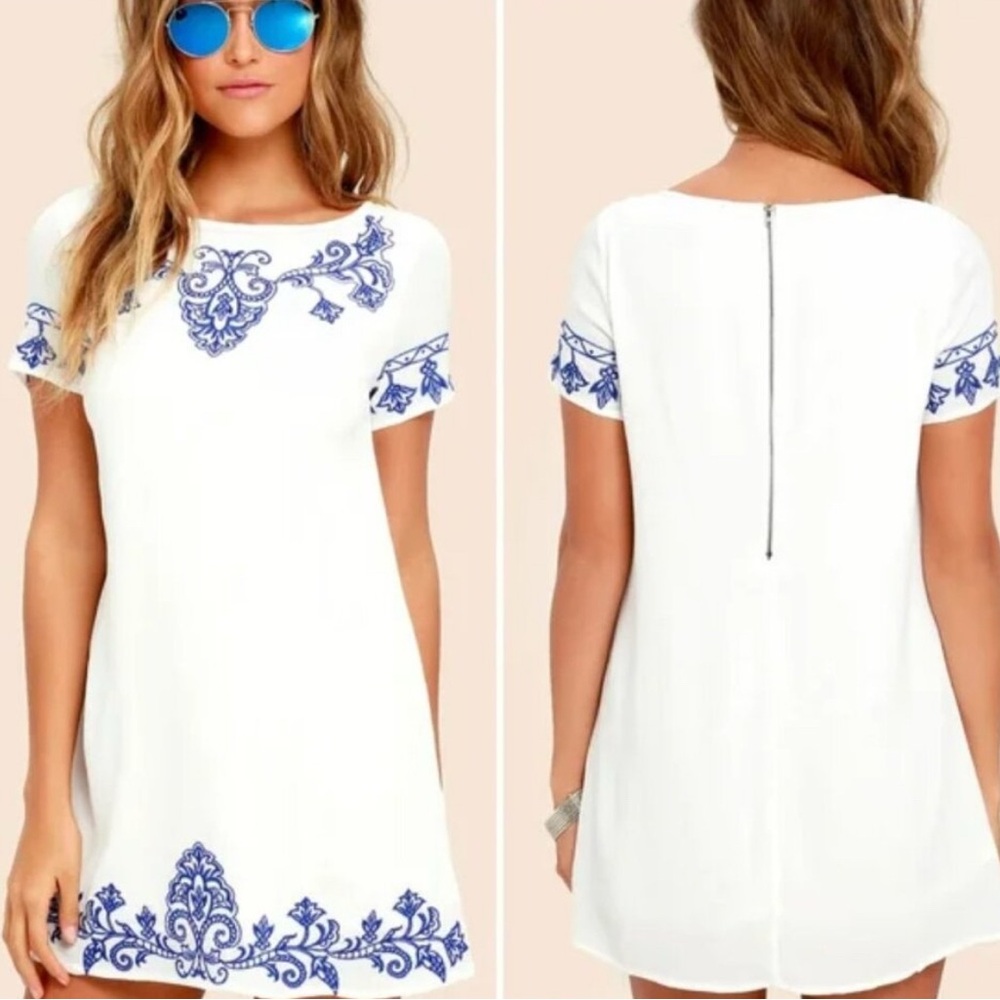 Lulu's Cream Dress with Blue Embroidery
